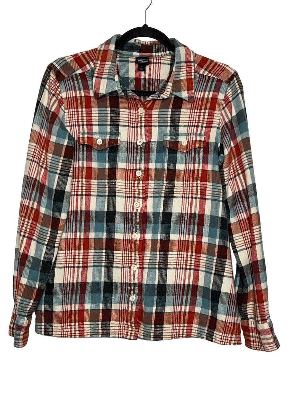 Patagonia Fjord Flannel Shirt Women's 8 Plaid Organic Cotton Button Up Red Teal